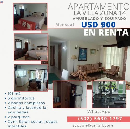 Apartamento zona 14 La Villa amueblado y equipado