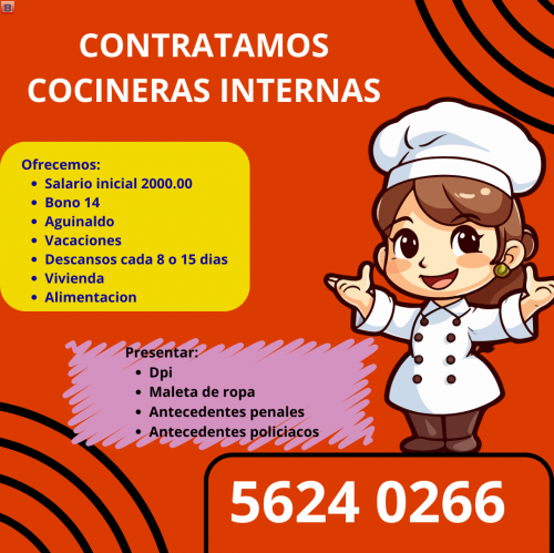 SE CONTRATAN COCINERAS POR MES INTERNO